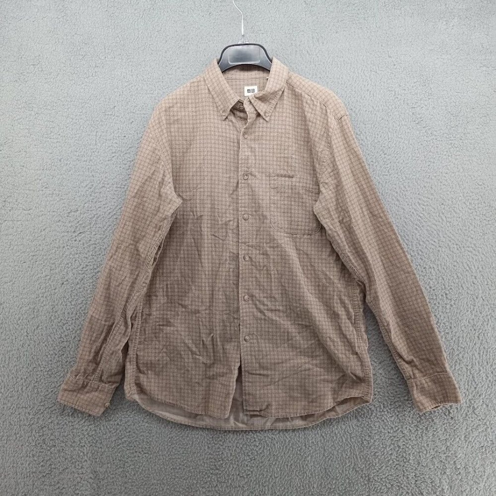 Uniqlo Shirt Mens Medium Tan Beige Grid‎ Corduroy Button Up Geometric Preppy